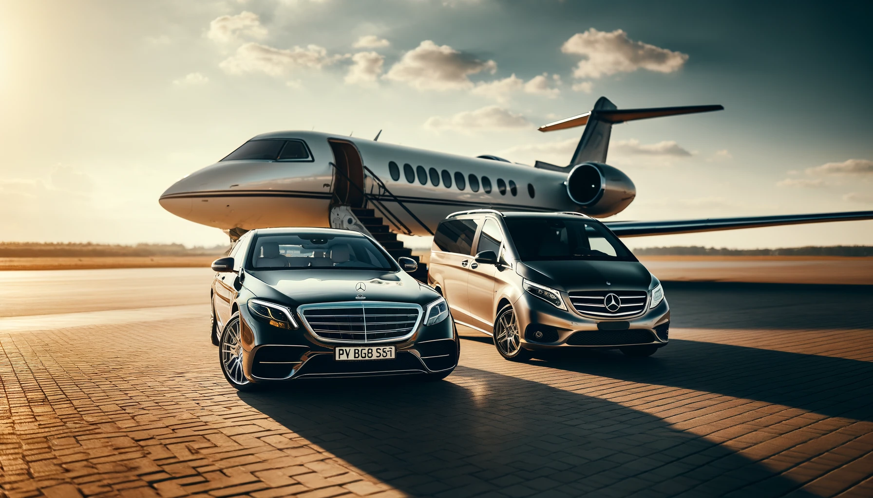 Luxury cars parked in front of a private jet on a sunny day