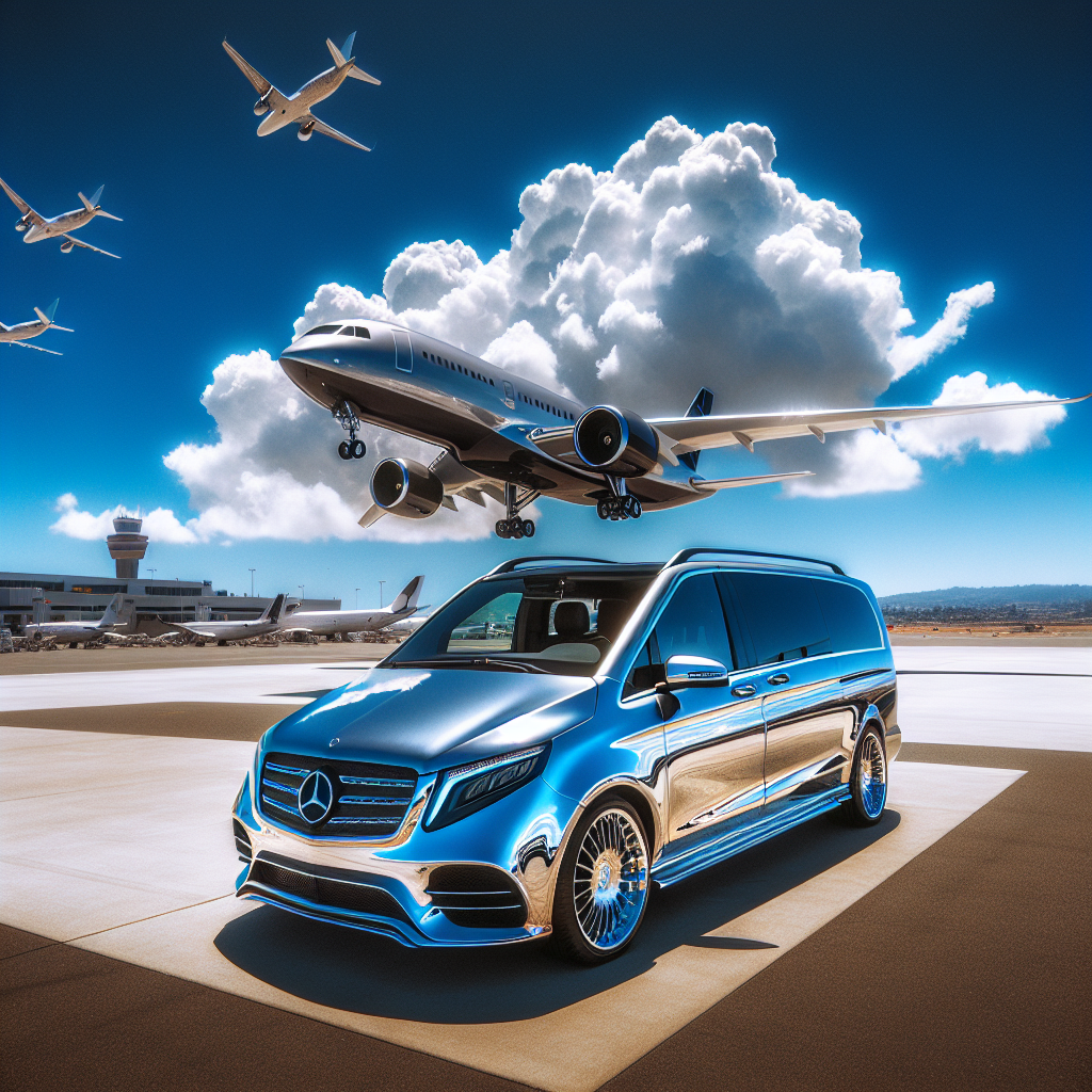 Luxury van parked on airport runway with several planes flying overhead
