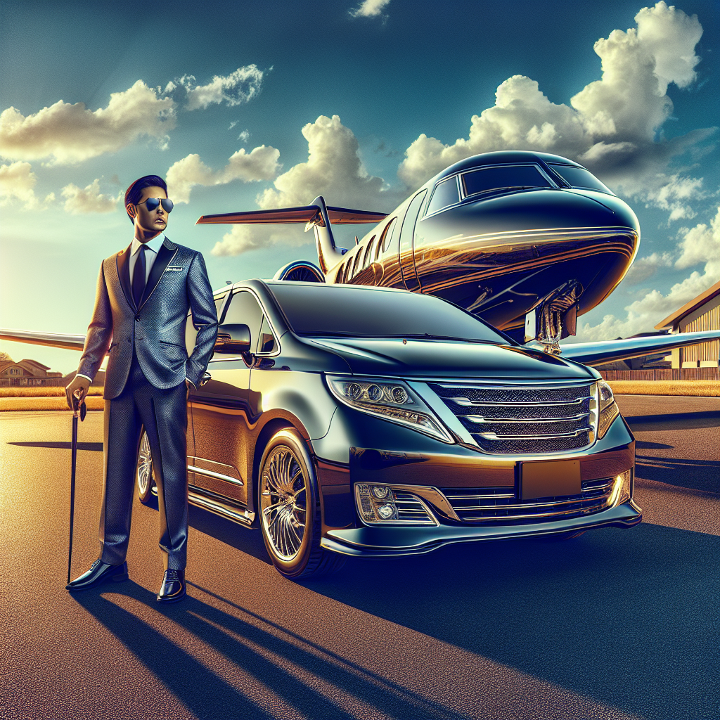 Man in a suit standing beside a luxury car and a private jet