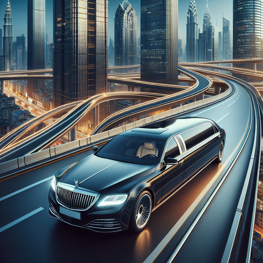 Luxury limousine driving on a futuristic elevated highway in a modern city