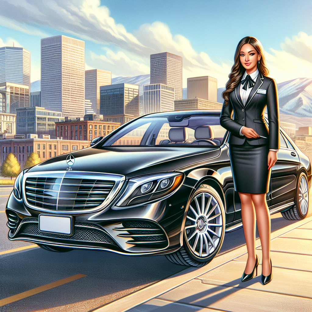 Businesswoman standing next to a black luxury car with a cityscape in the background
