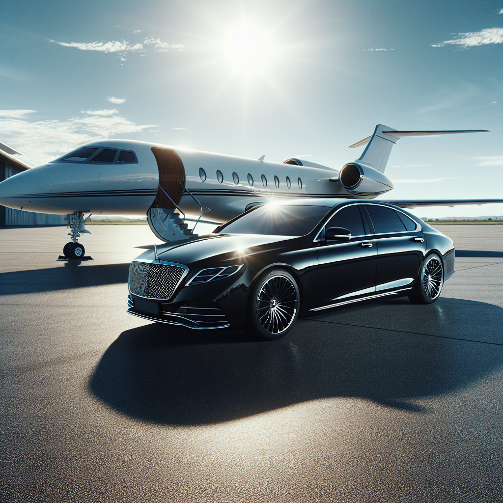Luxury car parked in front of a private jet on a sunny day
