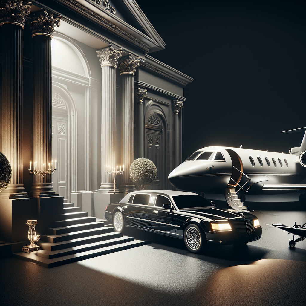Luxury mansion entrance with a private jet and limousine