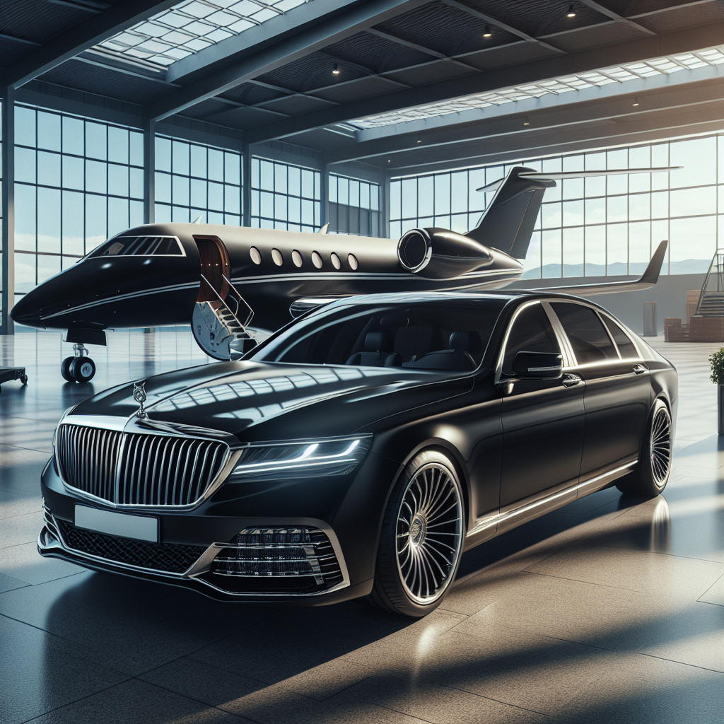 Luxury black car and private jet in a modern hangar