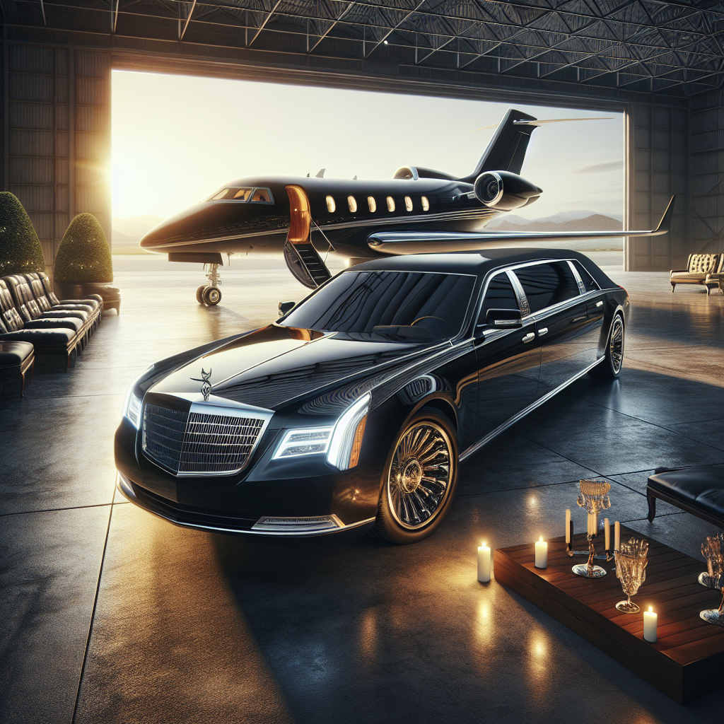 Luxury car and private jet in a hangar at sunset