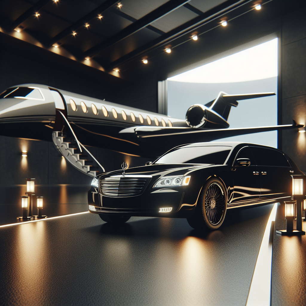 Luxury black car parked in front of a private jet in a hangar