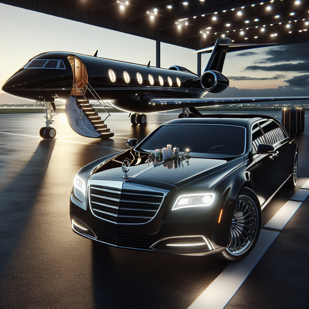 Luxury black car parked next to a private jet at an airport hangar