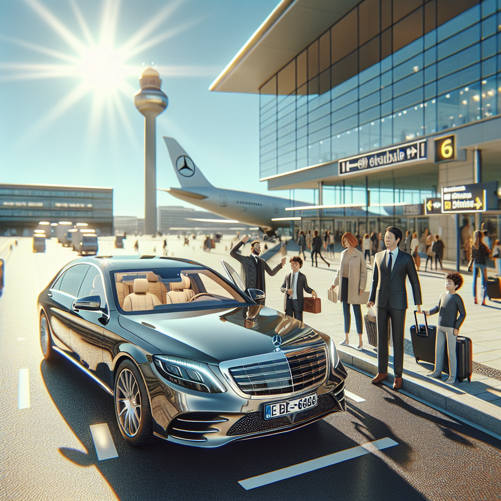 Luxury car in front of an airport with passengers and a plane in the background
