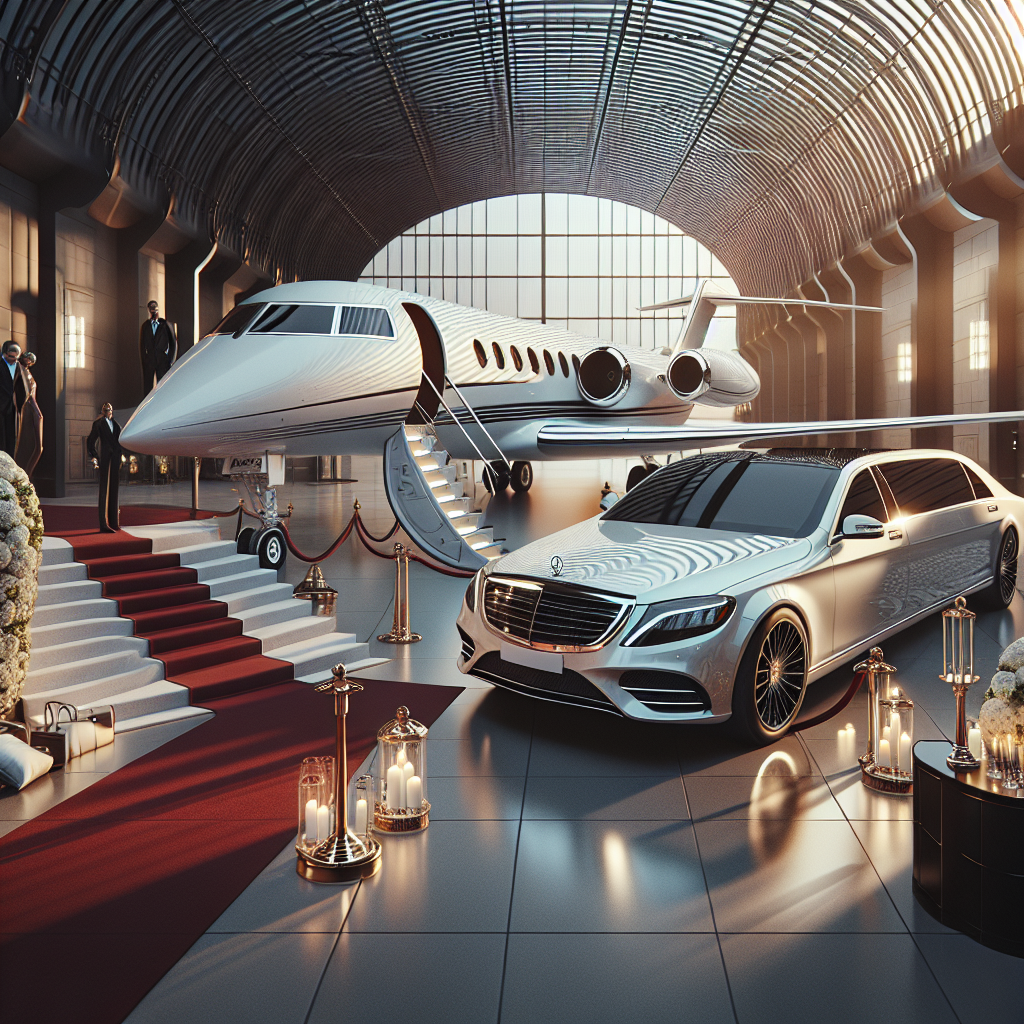 Luxury private jet and car in an opulent setting