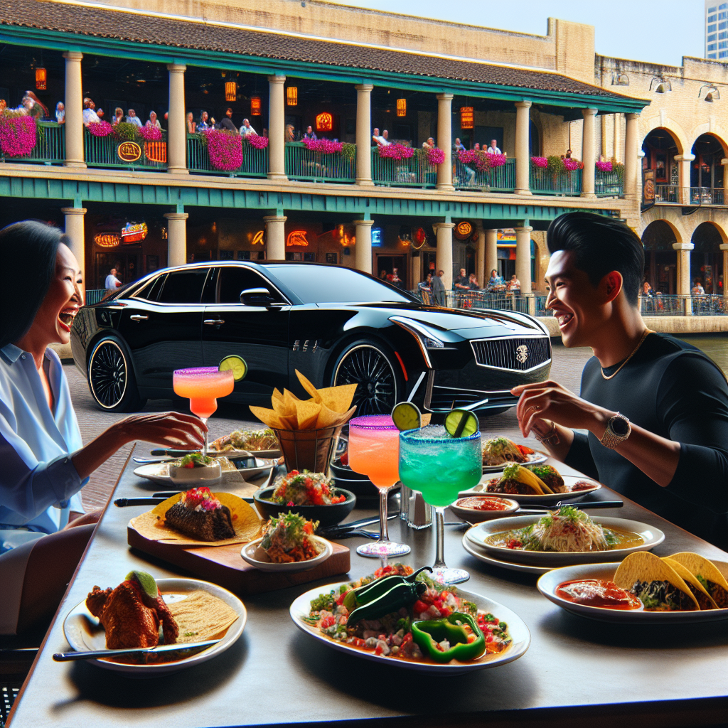 A bustling table at a River Walk restaurant, showcasing a spread of Tex-Mex dishes, margaritas, and happy diners.