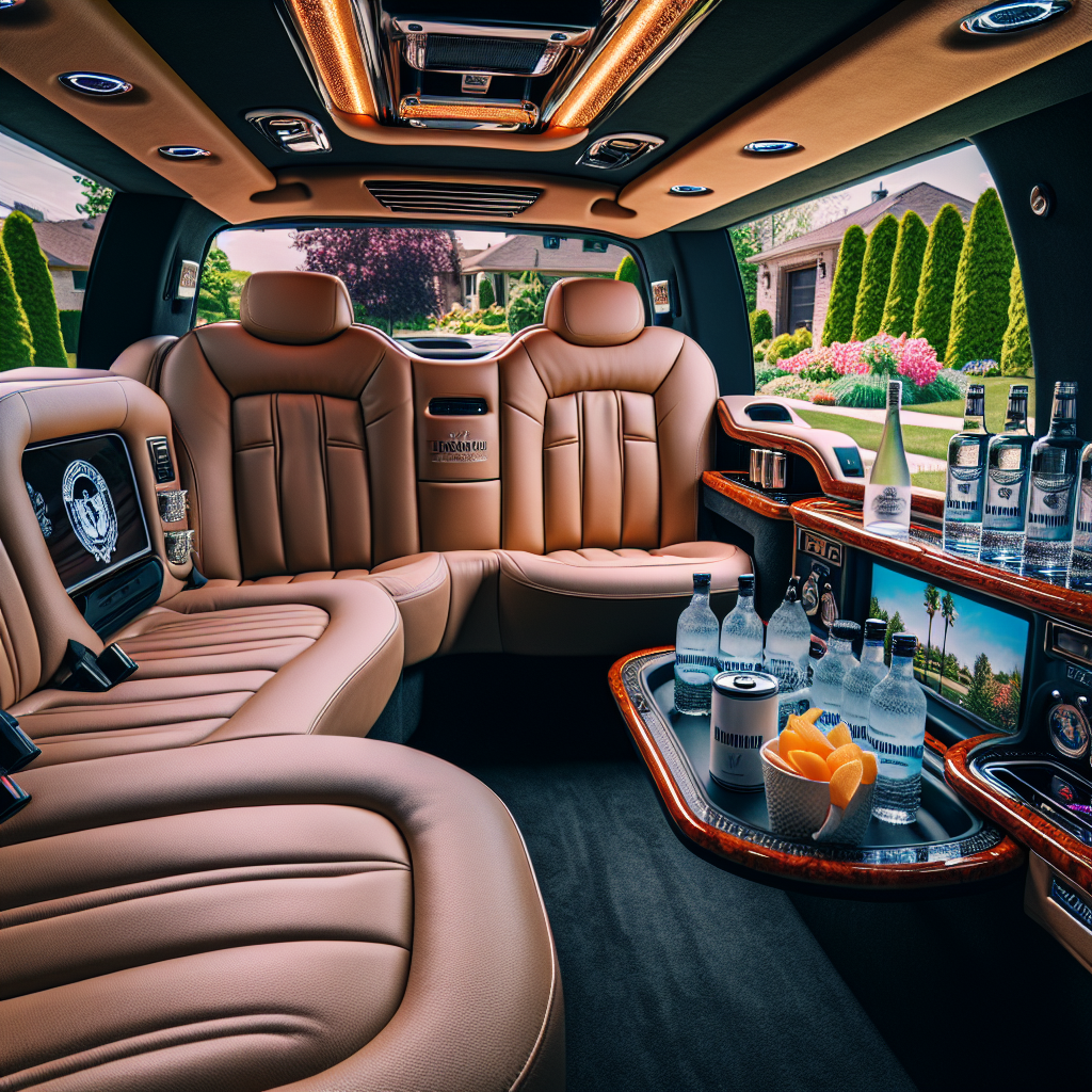 A comfortable, spacious interior of a luxury limousine, featuring leather seats and complimentary refreshments
