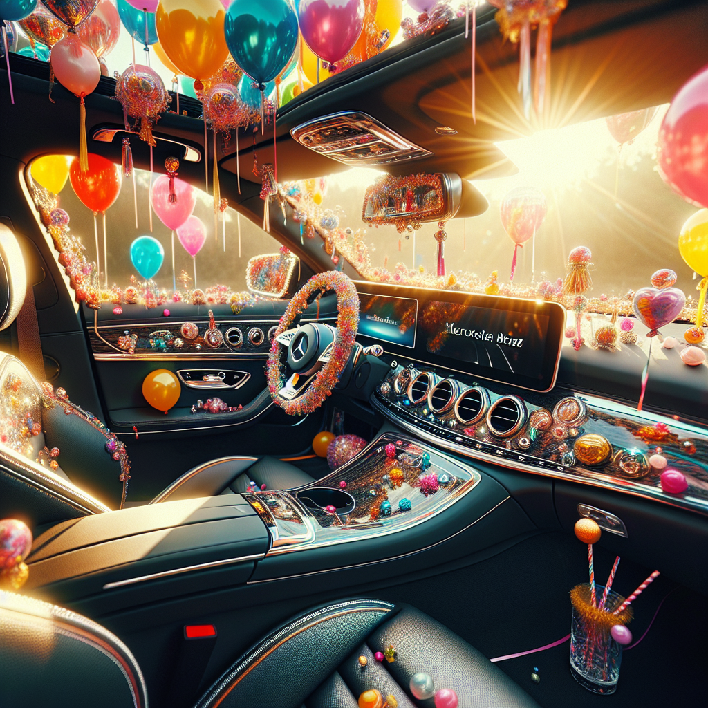 A decorated limo interior with balloons and personalized touches