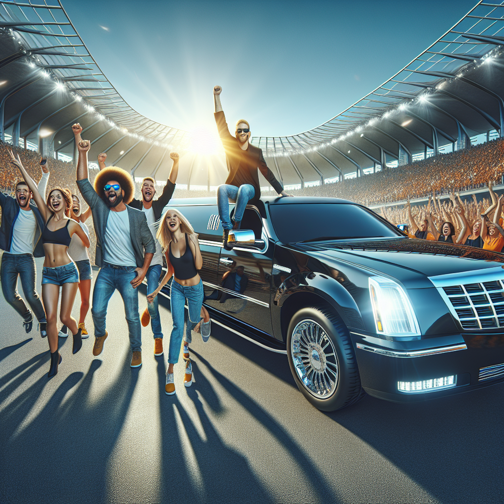 A group of happy sports fans arriving at a stadium in a luxurious Samuelz® limousine