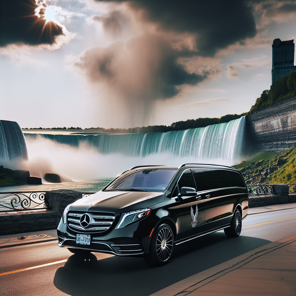 A limo parked near Niagara Falls with the falls in the background