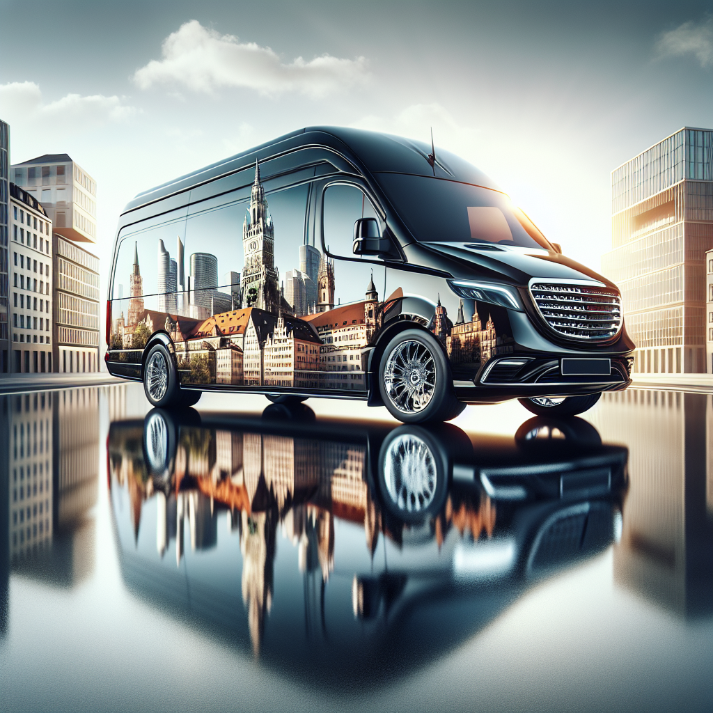 A luxurious black limousine reflecting the city's skyline in Munich
