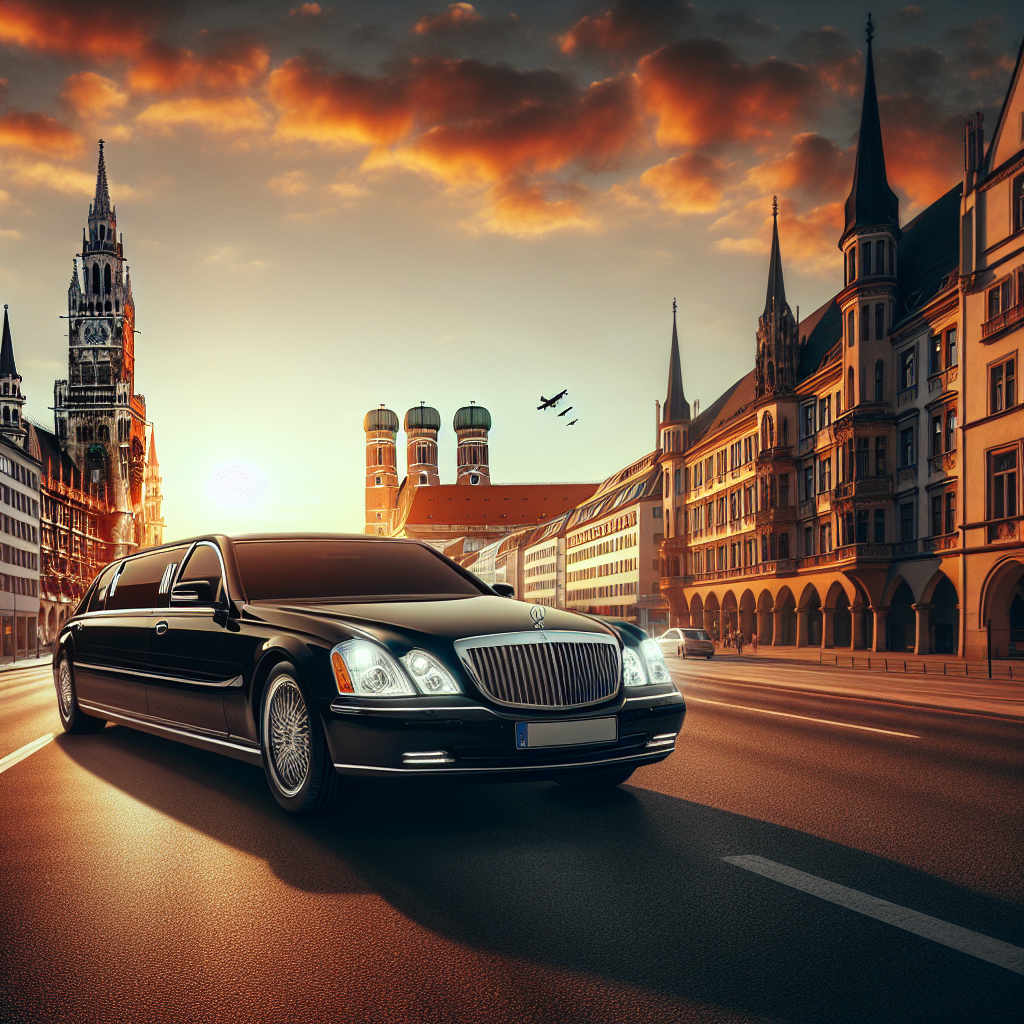 A luxurious limousine cruising through Munich at dusk, iconic landmarks in the background