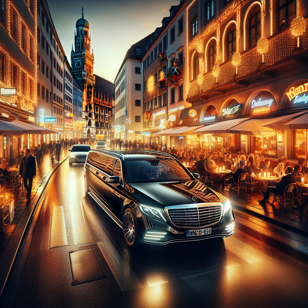 A luxurious limousine driving through Munich’s bustling streets at night, showcasing the city’s vibrant nightlife