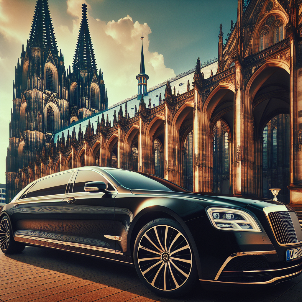 A luxurious limousine from Samuelz® parked in front of a historical landmark in Cologne