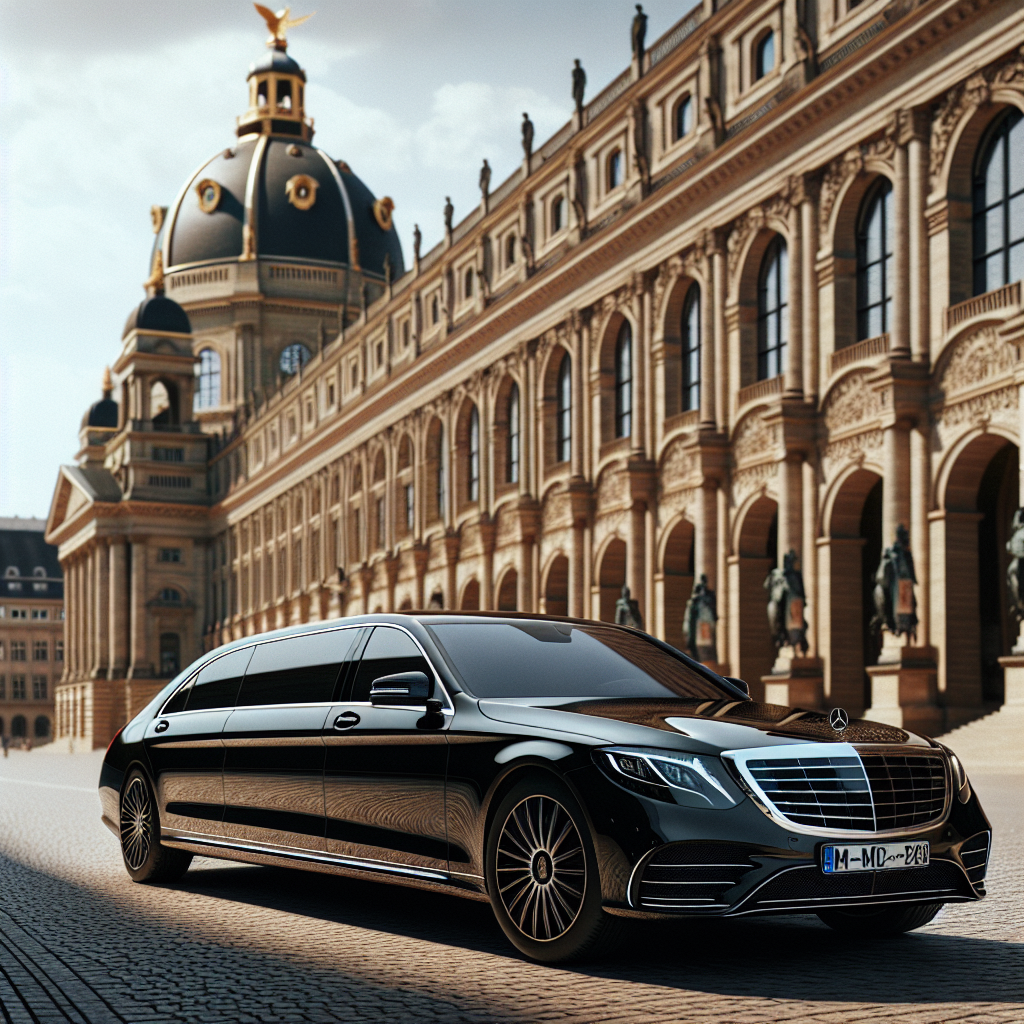 A Luxurious limousine in front of Stuttgart's iconic buildings