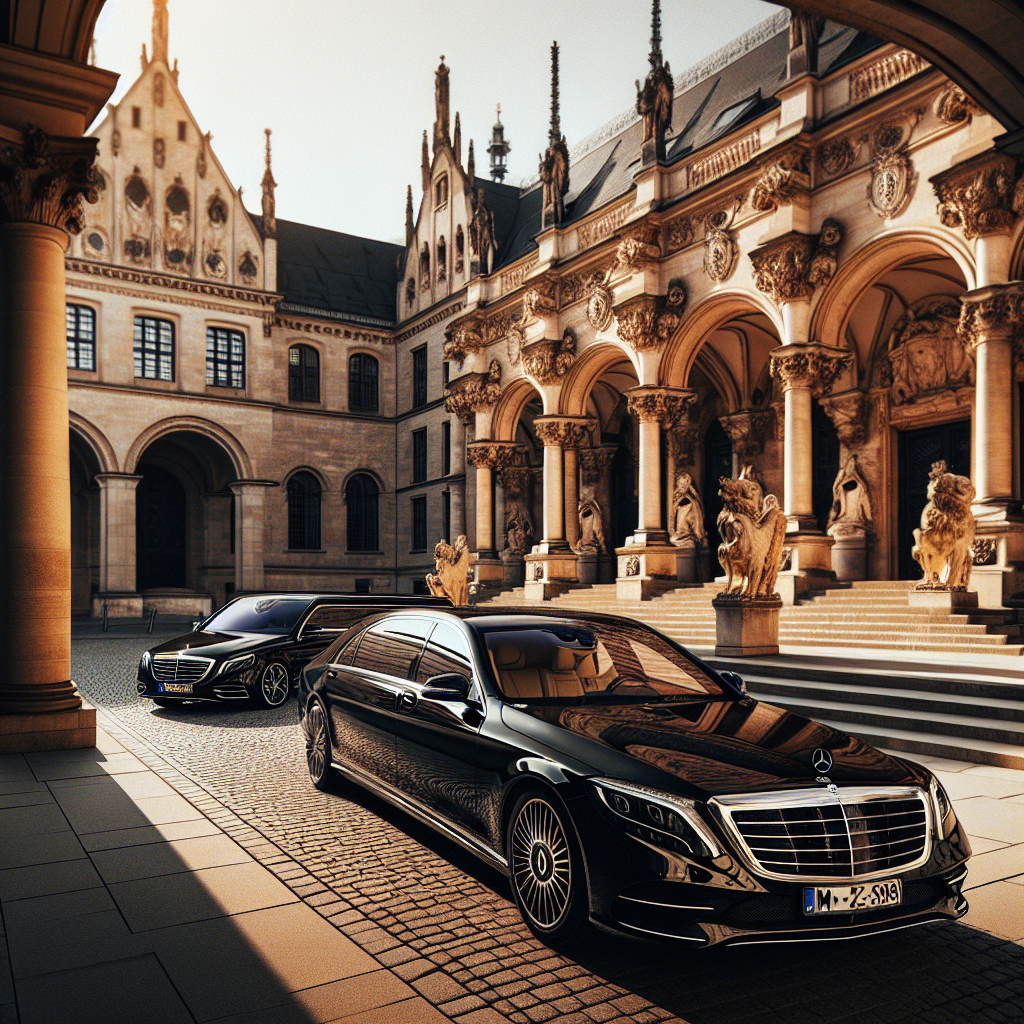 A luxurious limousine outside a historical landmark in Munich