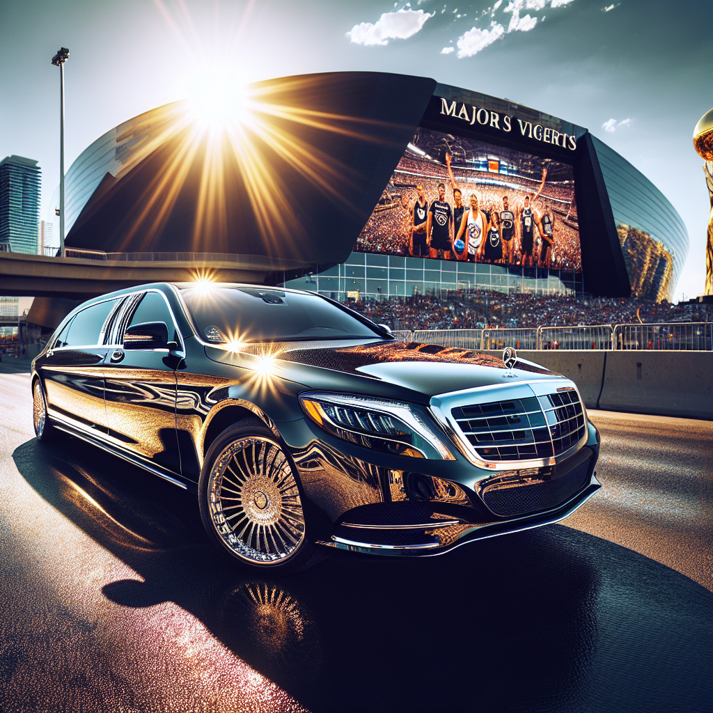 A luxurious limousine parked in front of a major sporting venue in Las Vegas