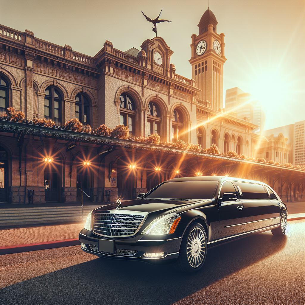 A luxurious limousine parked in front of the San Antonio train station, ready for transfer service.