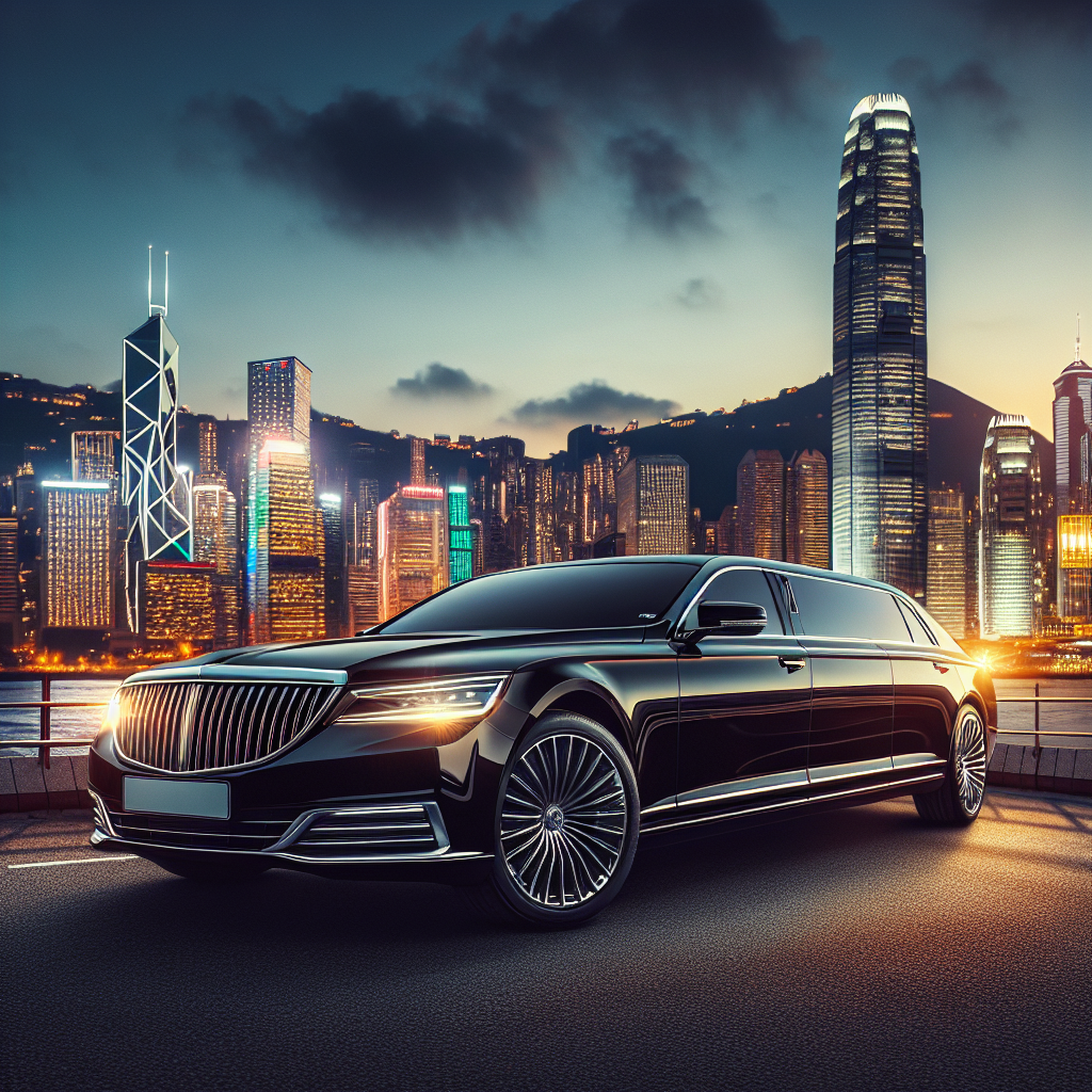 A luxurious Samuelz® limousine in front of a Hong Kong skyline during the evening