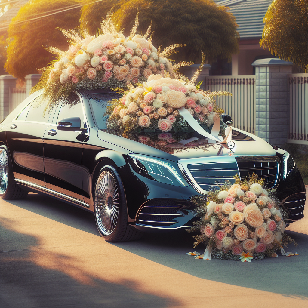 A Luxurious wedding limousine decorated with flowers, ready to transport the bridal party