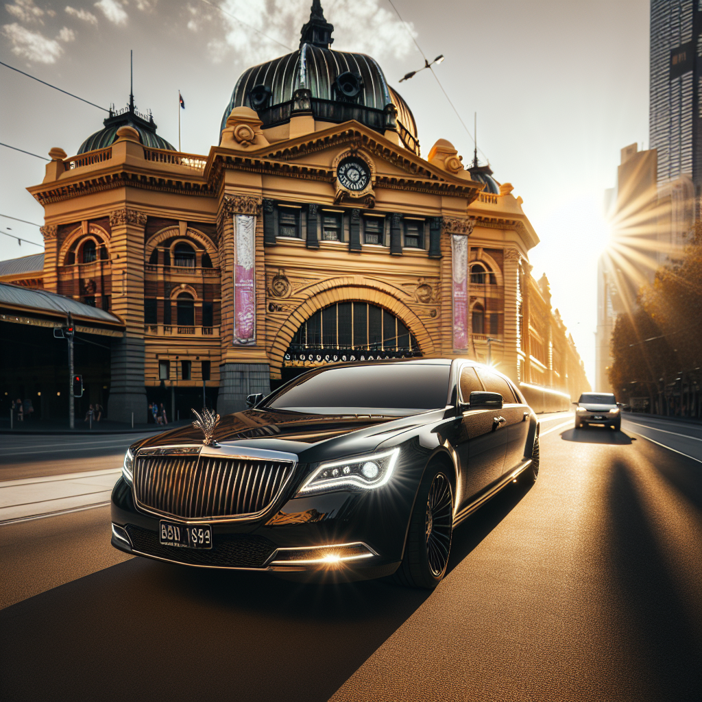 A Luxury limousine driving by Melbourne's iconic Flinders Street Station