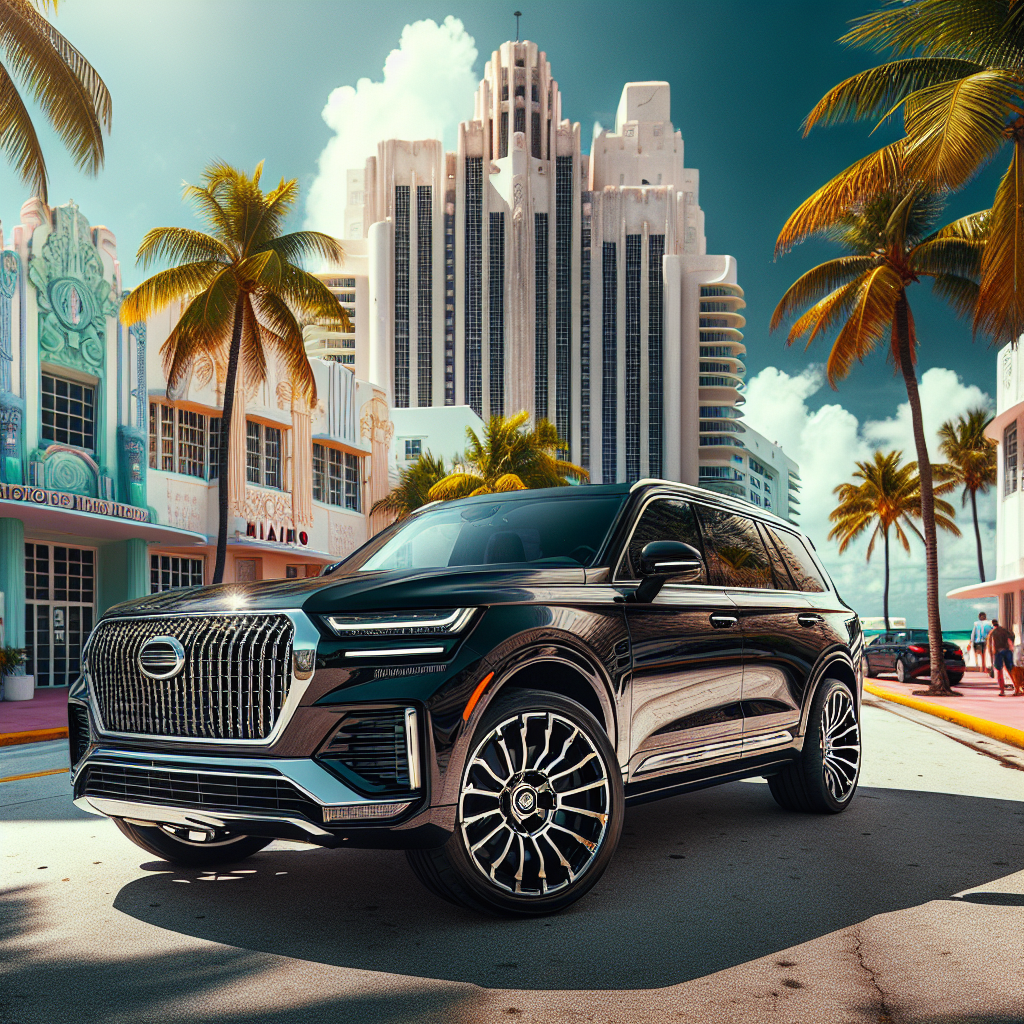 A luxury SUV parked near iconic Miami landmarks
