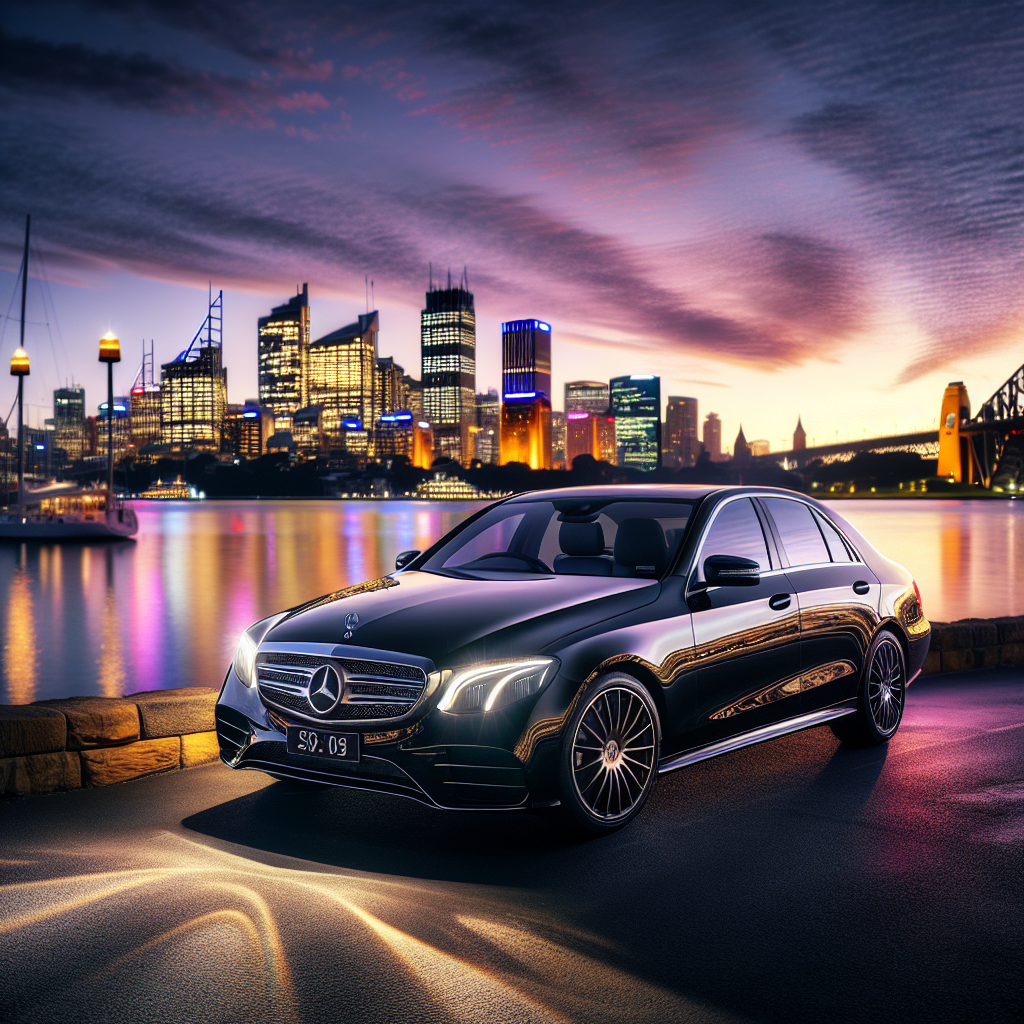 A luxury vehicle by Samuelz® Limousine Service with a backdrop of Sydney's skyline at dusk.