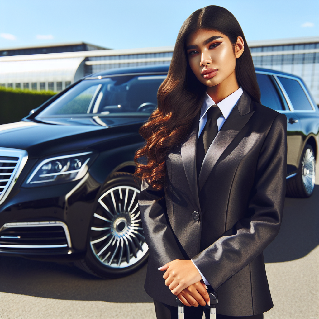 A professionally dressed chauffeur standing beside a luxury vehicle, ready to greet guests
