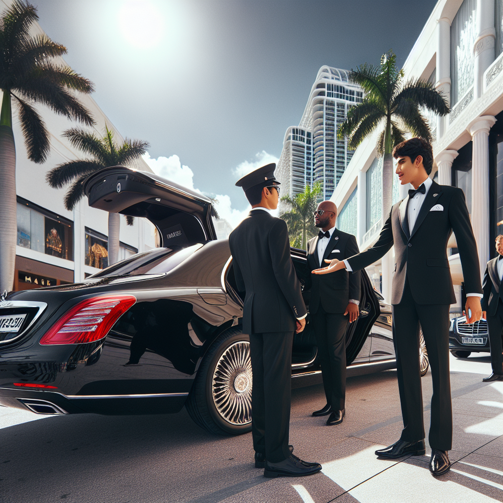 A Samuelz® chauffeur holding the door open for guests outside a luxury shopping mall in Miami.