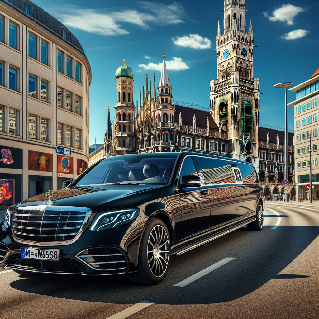 A Samuelz® Limousine driving through Munich’s iconic streets with a scenic backdrop