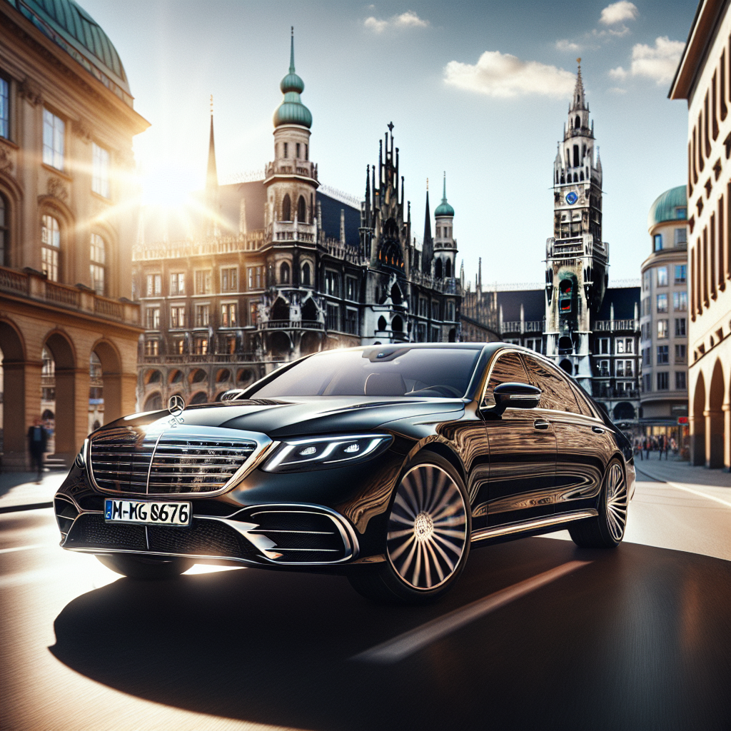 A Samuelz® Limousine driving through Munich’s iconic streets with a scenic backdrop