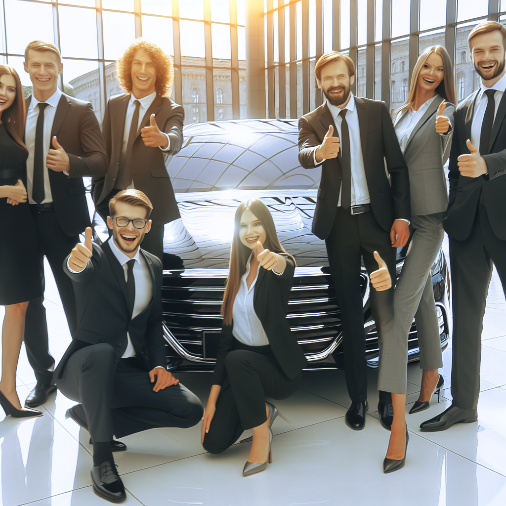 A satisfied group of business professionals posing next to a Samuelz® luxury sedan, ready for their important meeting
