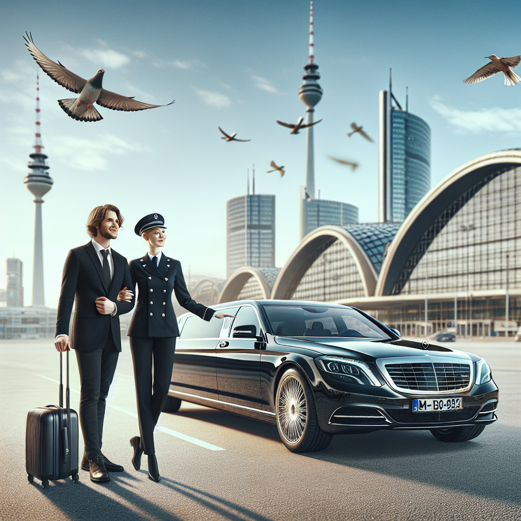 A satisfied traveler being escorted to a luxury limousine outside Munich Airport, with the city skyline in the background