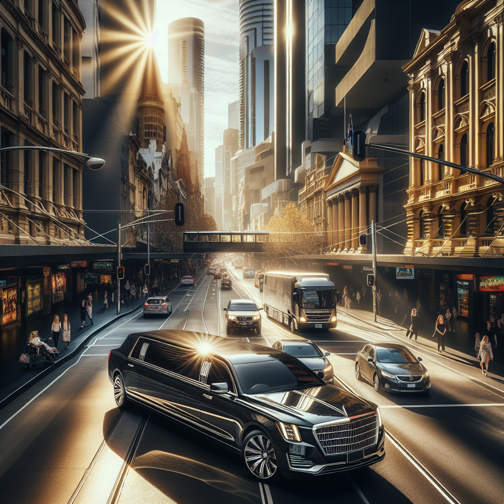 A sleek, black limousine navigating through Melbourne's bustling streets