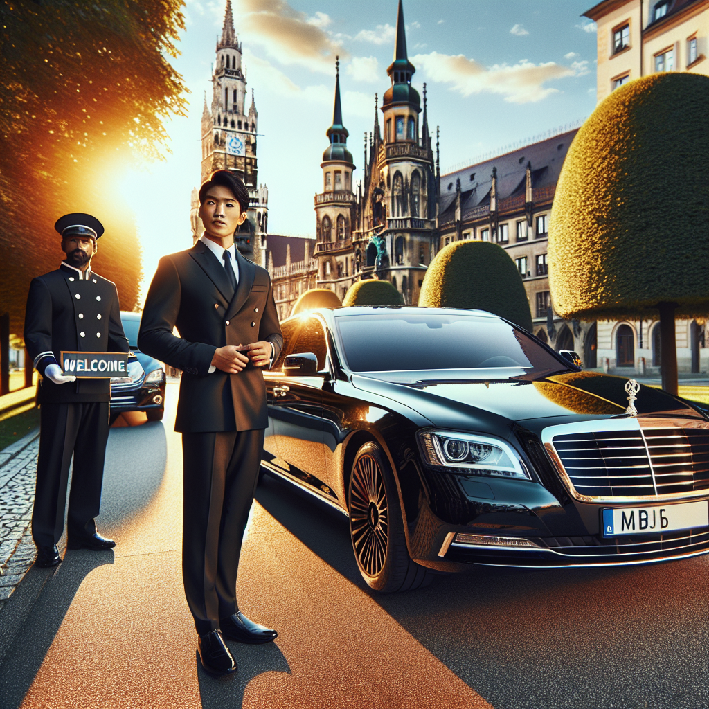 A sleek, black limousine parked on a scenic Munich street, with a professional chauffeur holding a sign that reads ‘Welcome’