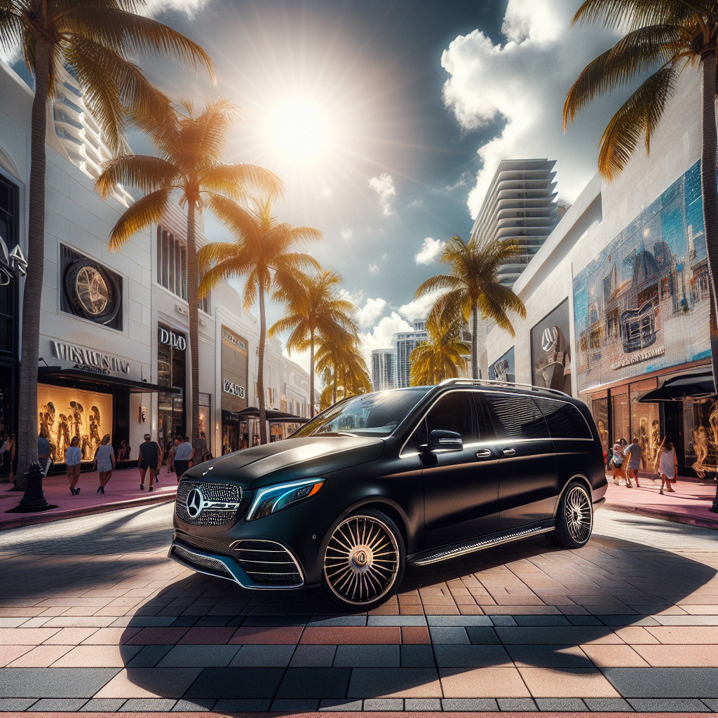 A sleek, black Samuelz® limousine in front of Miami’s high-end shopping district.