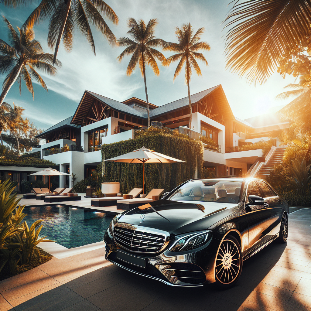 A sleek Samuelz® limousine parked at an elegant resort