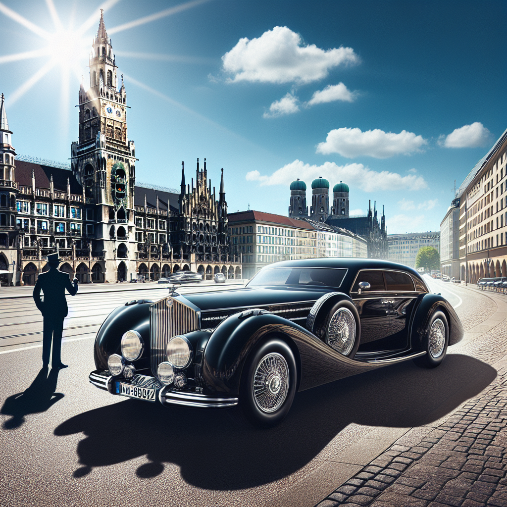 a smiling chauffeur standing next to a luxury vehicle with a scenic view of Munich’s cityscape in the background