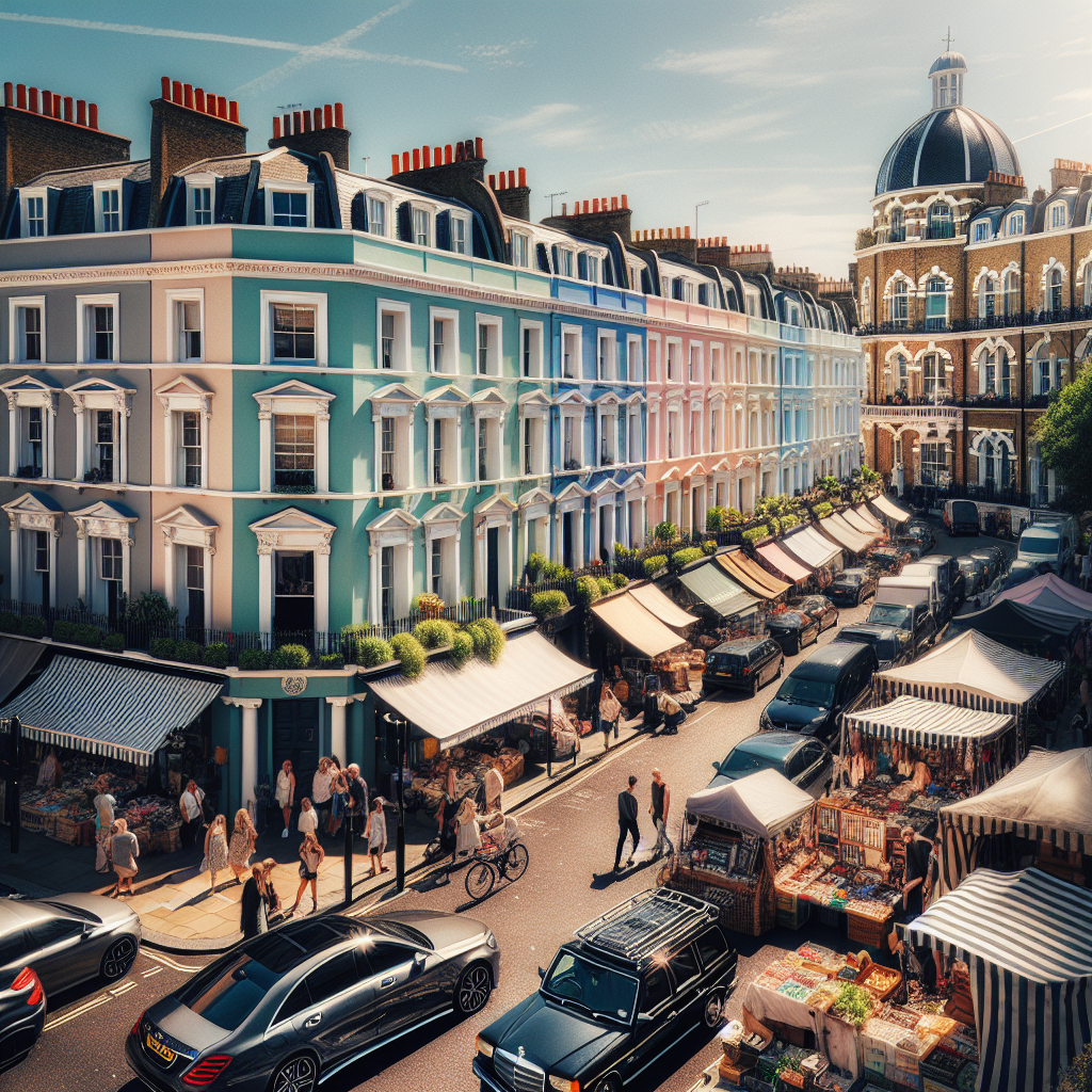 A street in Notting Hill with pastel-colored houses, bustling market stalls, and people shopping at Portobello Road Market.
