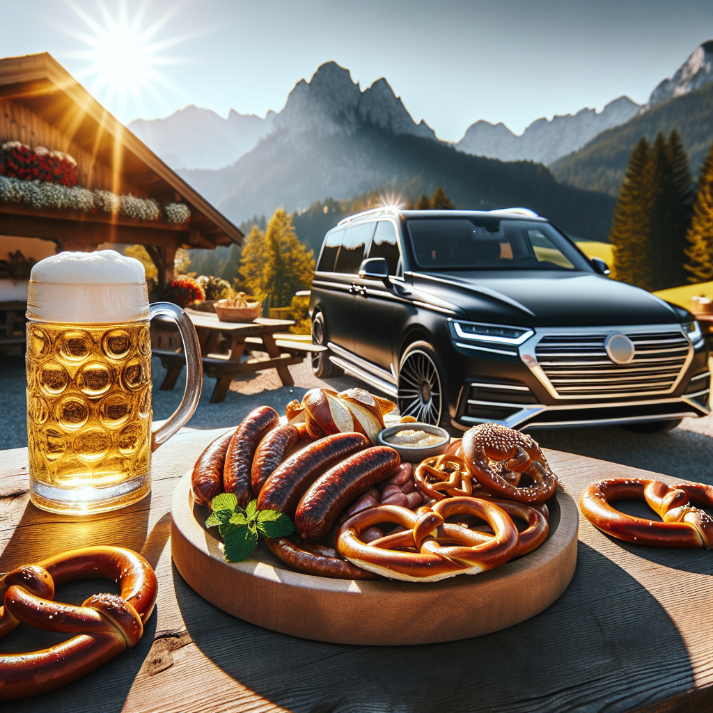 A tantalizing platter of traditional Bavarian sausages and pretzels with beer.