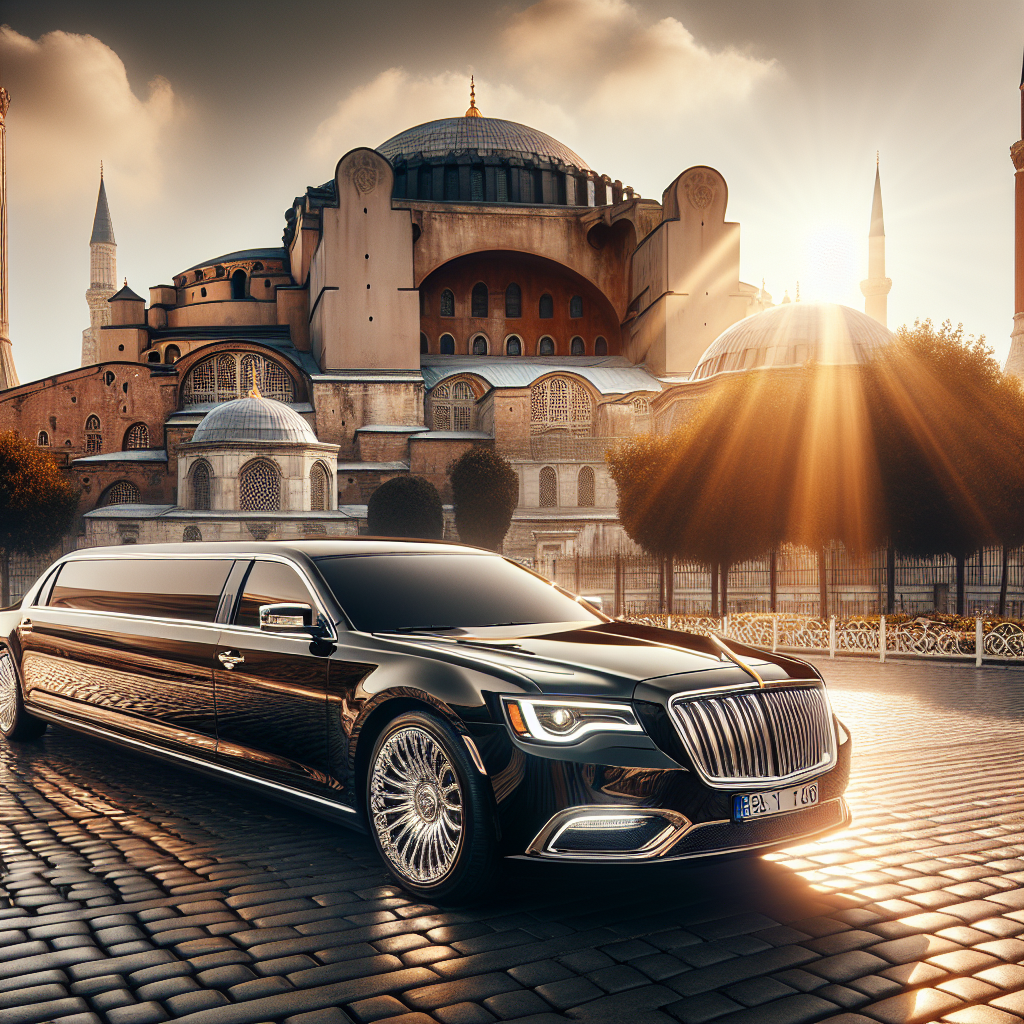 An elegant limousine in front of Istanbul's Hagia Sophia, showcasing Luxury and the city's historical charm