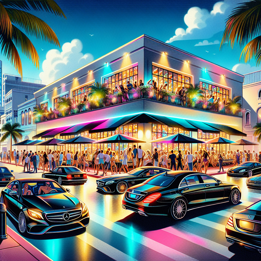 An image of a lively Miami nightclub, filled with vibrant lights and energetic crowds.