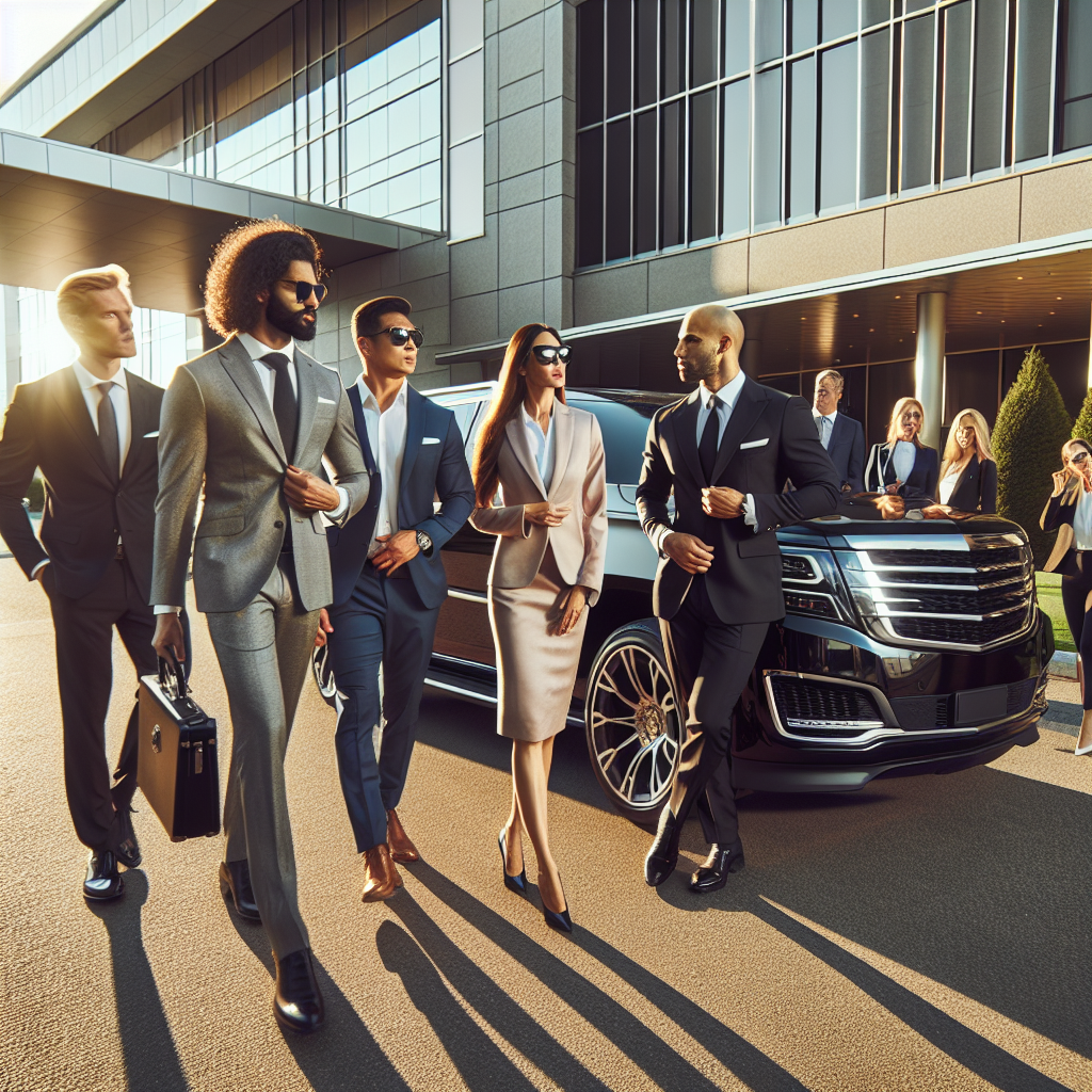 Business executives exiting a luxury SUV at a corporate event