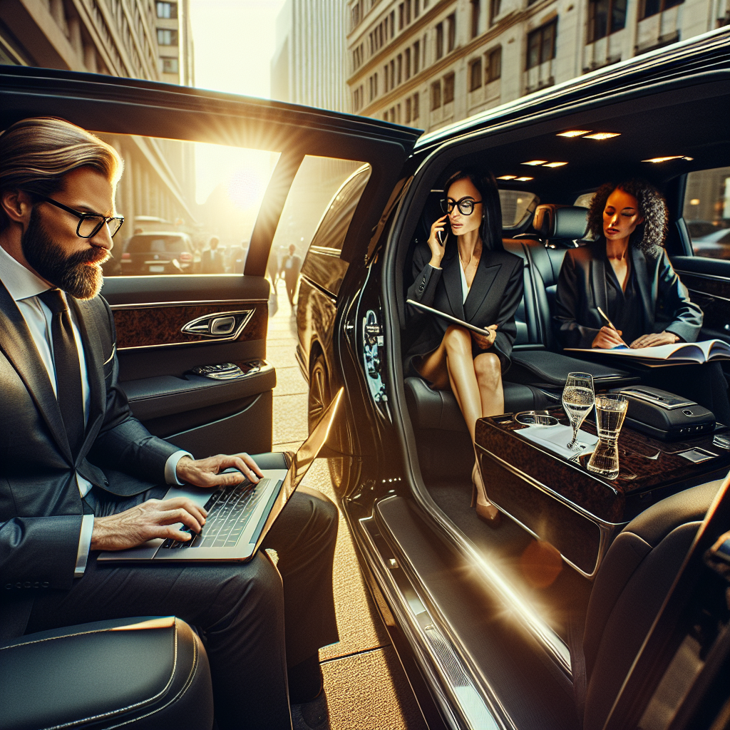 Business executives having a meeting inside a luxurious black car