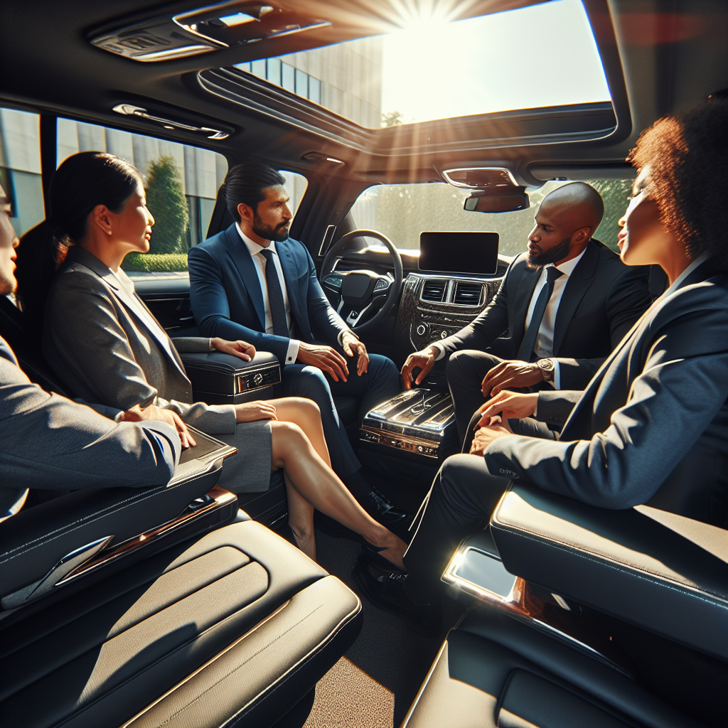 Business executives having a meeting inside a luxury SUV