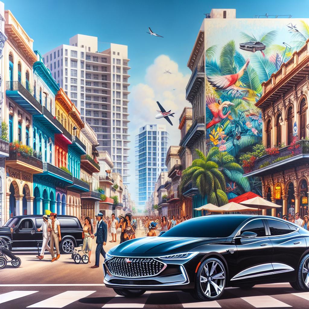 Bustling Calle Ocho in Little Havana with colorful murals and street performers